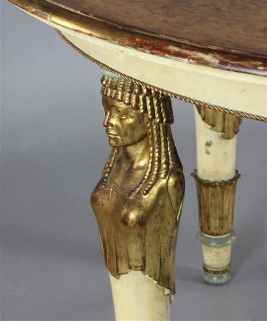 An early 20th century burr walnut parcel gilt and cream painted centre table, Diam. 4ft 1in. H.2ft 6in.